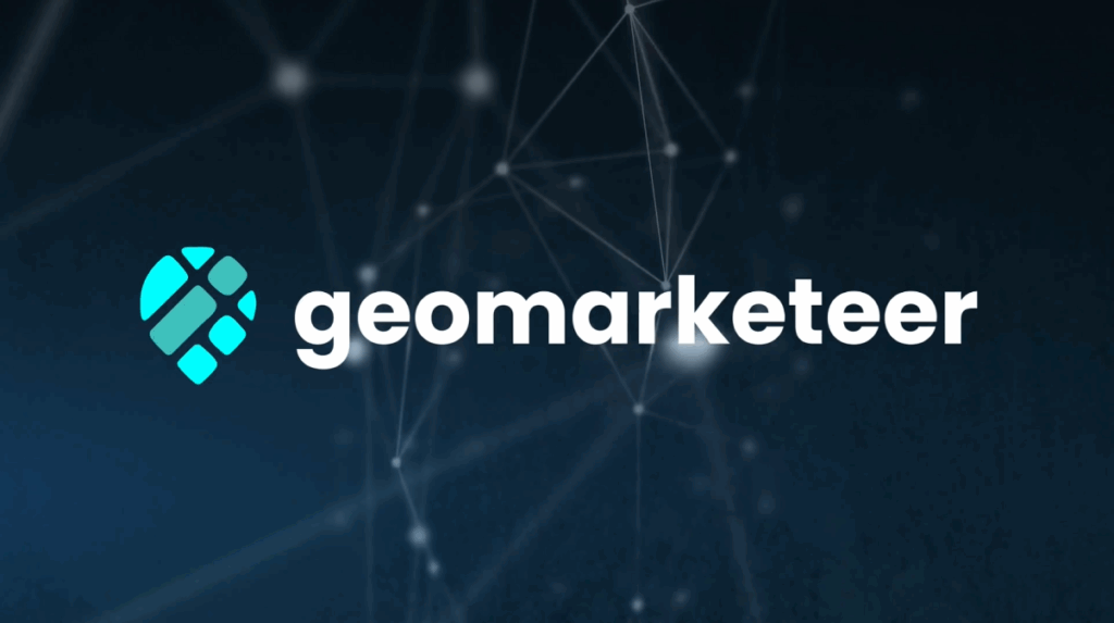 Geomarketer logo with digital network background, technology, data analytics, marketing, branding.