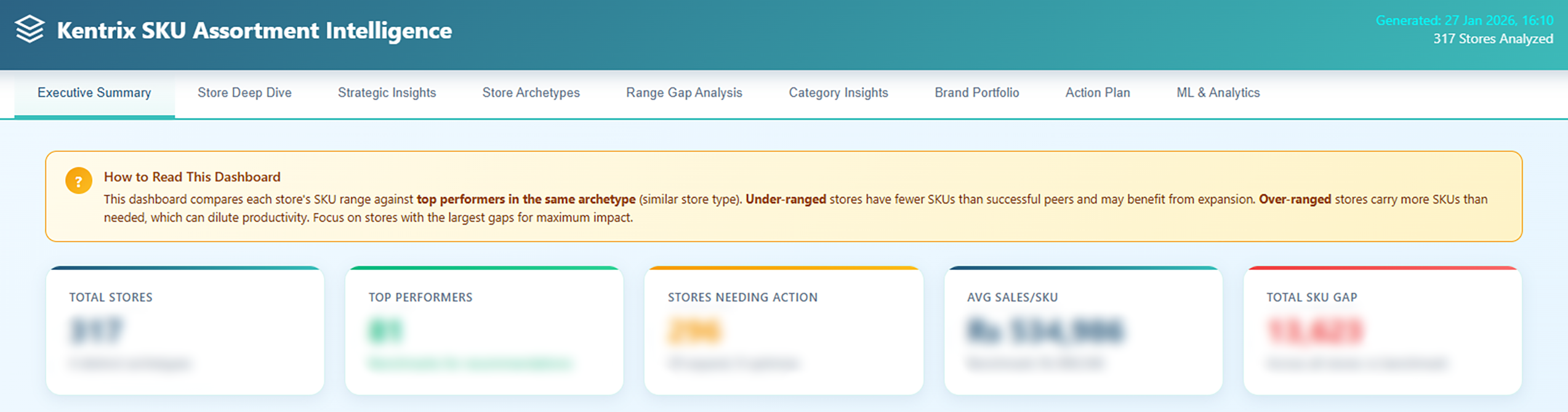 Executive Summary dashboard showing 317 Total Stores, 81 Top Performers, 296 Stores Needing Action (29 expand, 8 optimise), Avg Sales/SKU Rs 534,986 against benchmark Rs 806,546, and Total SKU Gap of 13,623 across all stores vs benchmark